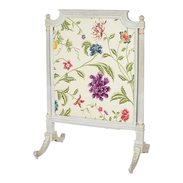 French Louis XVI Style White & Gilt Fire Screen With Floral Fabric, 20th C For Sale