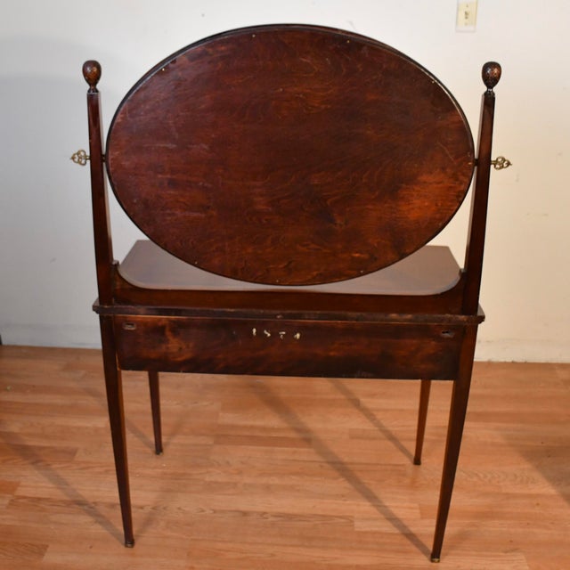 Brown 1900s Antique English Hepplewhite Mahogany Inlaid Vanity Desk Mirror and Chair For Sale - Image 8 of 17
