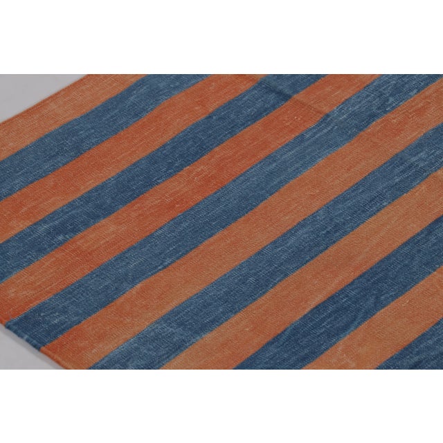 Modern Rug & Kilim’s Indian Dhurrie Runner in Blue and Rust Geometric Stripes For Sale - Image 3 of 9