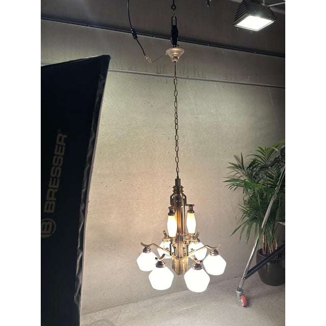 1930s Art Deco Chandelier in Opaline and Brass, 1930s For Sale - Image 5 of 18