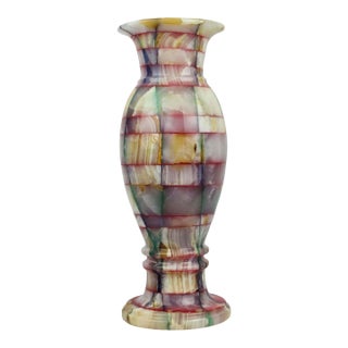 Vintage Handcrafted Tall Multi Color Patchwork Onyx Marble Artisanal Geometric Stone Vase For Sale