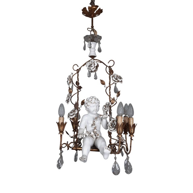 Antique Chandelier in Ceramic and Iron, 1950s For Sale