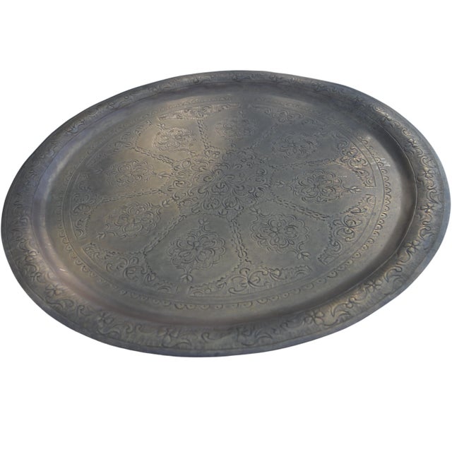 Mid 20th Century Mid 20th Century Hand-Engraved Brass Tray with Moorish Arabesque Motif For Sale - Image 5 of 10