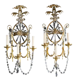 1920s Large Caldwell Sunburst Crystal Sconces With 3 Lights - Pair