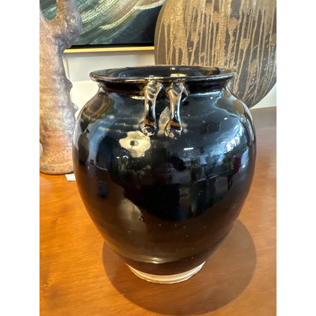 Enameled Stoneware Vase with Black Mirror Glaze from Song Dynasty, China, XVI Century For Sale - Image 3 of 8