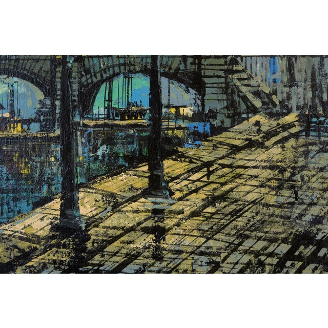 1960s Large Mid Century Brutalist Style Paris Bridge Scene Painting For Sale - Image 5 of 12
