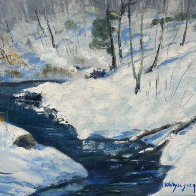 White Walter Wohlschlegel Signed Modern Art Fauve Oil Painting, "Brook in Winter" Signed and Dated 1965 in Blue, White and Lavender For Sale - Image 8 of 10