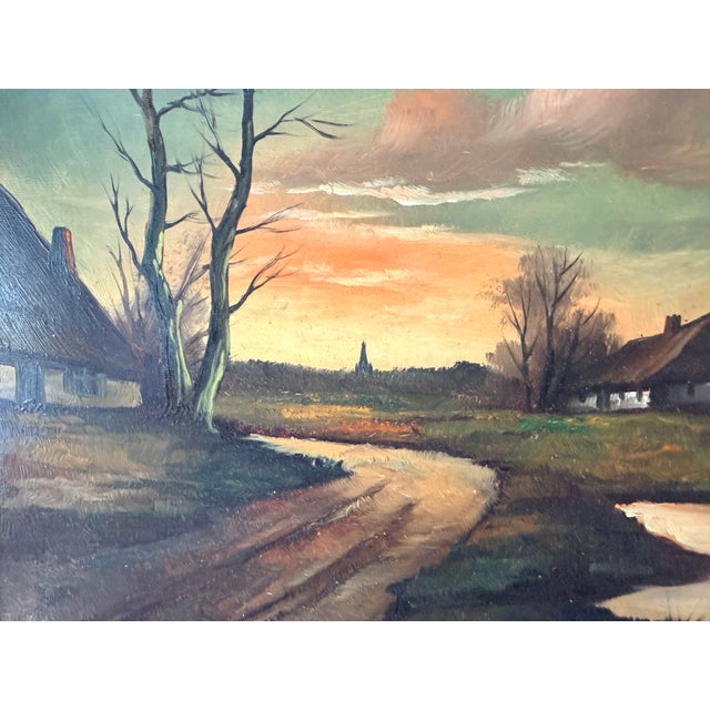 Vintage Signed European Countryside Sunset Landscape Oil Painting in Wood Frame For Sale - Image 9 of 15