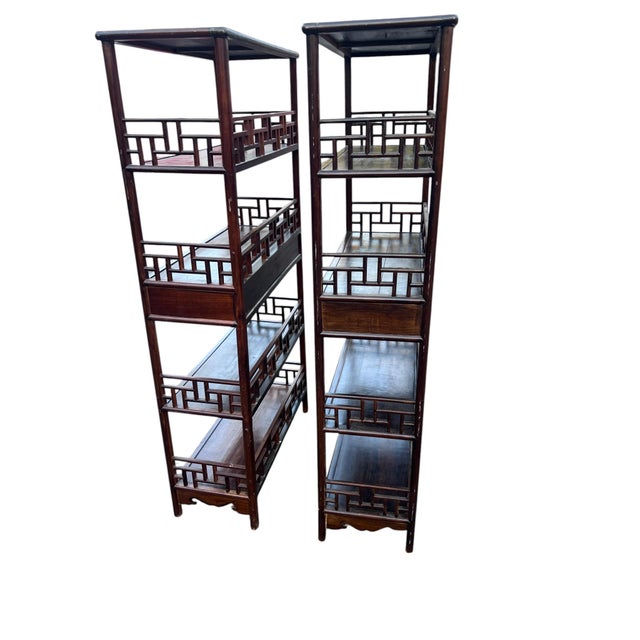 Brown 1990s Chinese Chippendale Rosewood Étagères With Fretwork a Pair For Sale - Image 8 of 17