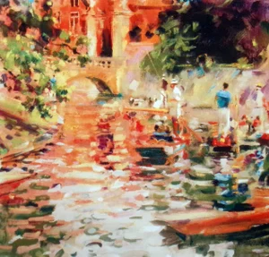 Peter Graham "By the River" Impressionistic Venice Gondolas Signed Serigraph