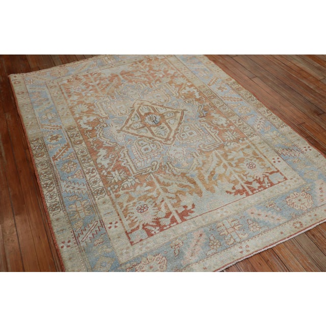 Early 20th Century Zabihi Collection Apricot Soft Blue Persian Heriz Rug - 4'6" x 6'3" For Sale - Image 4 of 10