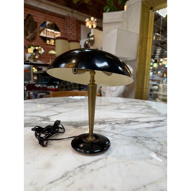 Metal Vintage Black Dome Table Lamp With Brass Stem 1950s For Sale - Image 7 of 8