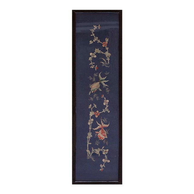 1920s Blue Koi Fish Antique Chinese Textile With Frame 0' 8''x 1' 10'' Woven Wool Carpet Rug For Sale