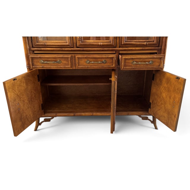 Wood Stanley Faux Bamboo & Rattan Lighted China Display Cabinet For Sale - Image 7 of 18