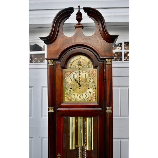 Traditional Howard Miller Mahogany Grandfather Clock Triple Chime Mechanical Floor Clock 80s For Sale - Image 3 of 16