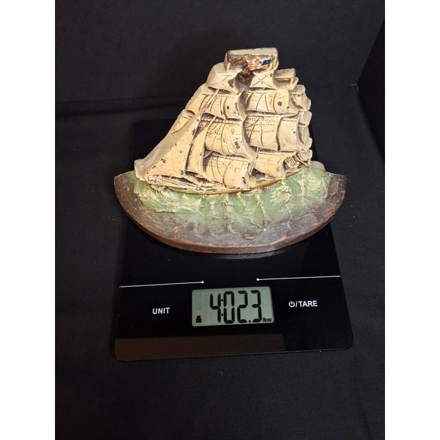 Antique Judd Co Cjo 1286 Cast Iron Sailing Ship Doorstop American Flag Painted For Sale - Image 12 of 12
