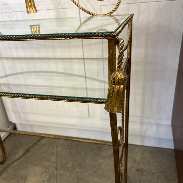 Hollywood Regency Gilt Rope Metal Heart Back Vanity With 2 Glass Tier Shelves For Sale - Image 3 of 8