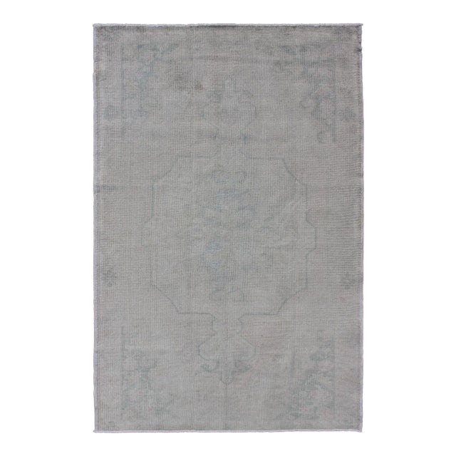 Turkish Oushak Rug in Faded Steel Blue and Soft Gray With Subtle Medallion For Sale
