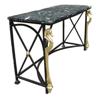 Maison Charles Style Brass Seahorse Console Table With Verdi Marble Top For Sale