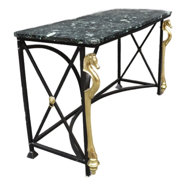Maison Charles Style Brass Seahorse Console Table With Verdi Marble Top For Sale