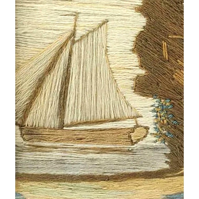 Mid 19th Century British Woolwork of a Family of Man, Wife and Child on the Seashore With Ship in Bay For Sale - Image 5 of 7