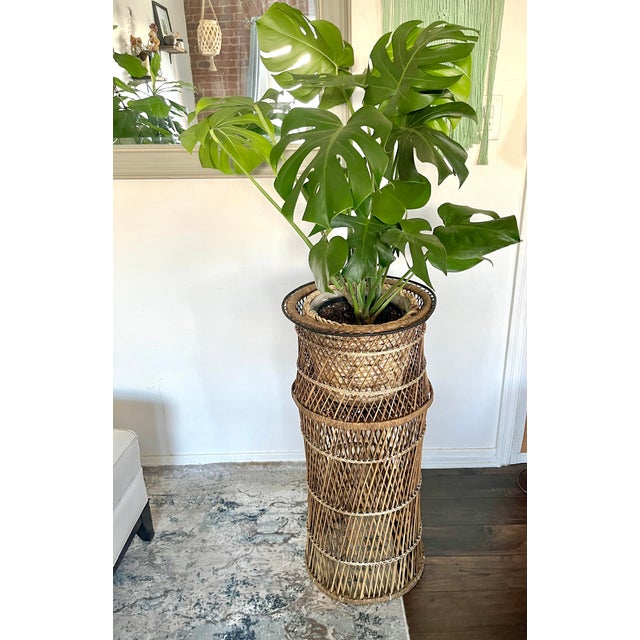 Vintage Mid Century Modern Wicker Rattan Plant Stand Jardiniere Bohemian Boho Chic For Sale - Image 4 of 12