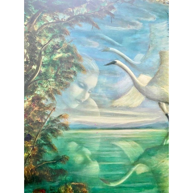 Rina Sutzkever, Large Russian Israeli Fantastic Realism Surrealist Oil Painting Girl with Swan For Sale - Image 4 of 5