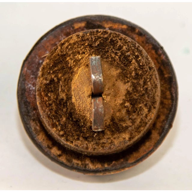 Vintage Asian Red and Black Painted Wooden Round Lidded Box With Metal Ring Handle For Sale - Image 9 of 17