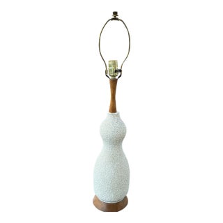 1950s Mid Century Modern White Lava Glaze and Teak Wood Lamp For Sale