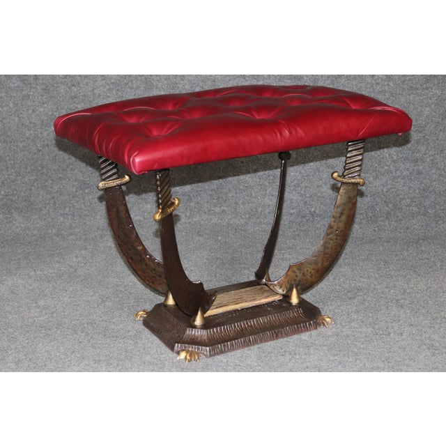 Rare Pair of Cast Iron Upholstered Wrought Iron Sword & Scabbard Stools Benches For Sale In Philadelphia - Image 6 of 10