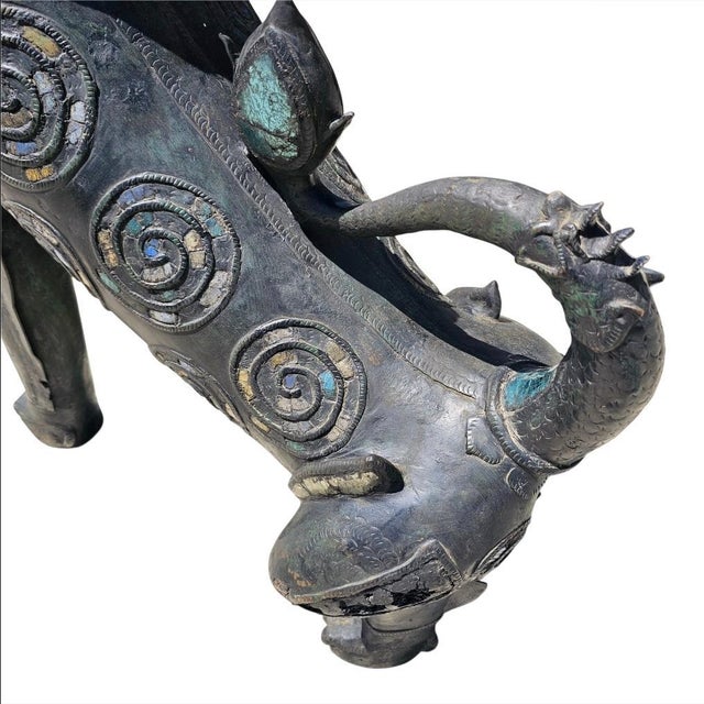 1950s Large Jeweled Burmese Bronze Chinthe Guardian Lion Foo Dogs, 2 Pieces For Sale - Image 4 of 17