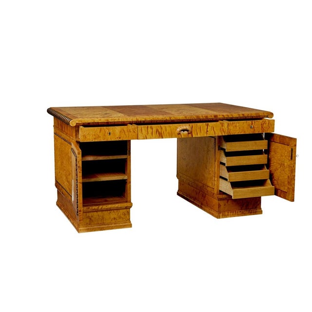 Art Deco Scandinavian Pedestal Desk in Birch, 1930 For Sale - Image 6 of 13