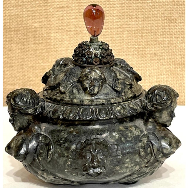 Renaissance 18th Century/Older Italian Renaissance Style Carved Verdigris Marble Table Box For Sale - Image 3 of 12