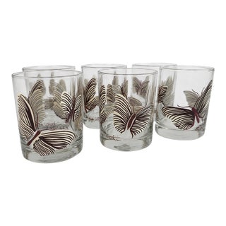 Vintage Edgar Watkins Butterfly Rocks Glasses Set of 6 Signed Mid Century Modern For Sale