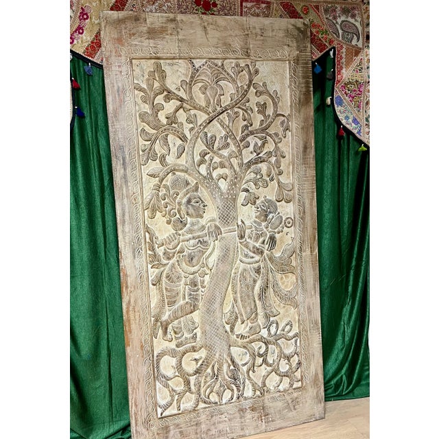 1920s Hand-Carved Radha Krishna Barn Door – Vintage Indian Wall Art With Boho Elegance 84x41 For Sale - Image 5 of 9
