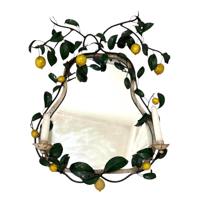 Vintage Italian tole 2-light candle girandole mirror. Featuring deep green leaves and yellow lemons. Impressive and...