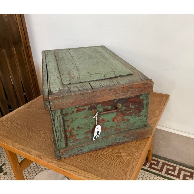 Wood Early 20th Century Rustic Green Painted Wooden Storage Chest or Trunk For Sale - Image 7 of 14