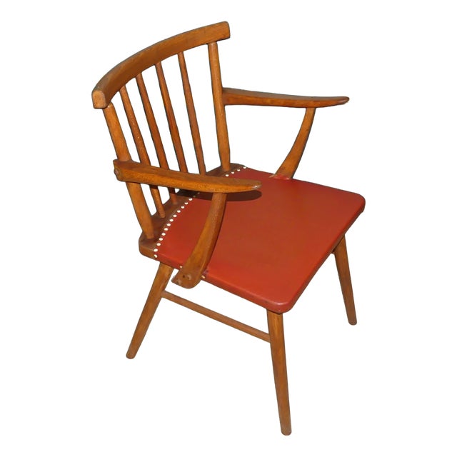 Armchair Desk Chair in Red Decorative Rivets Spindle, 1950s For Sale