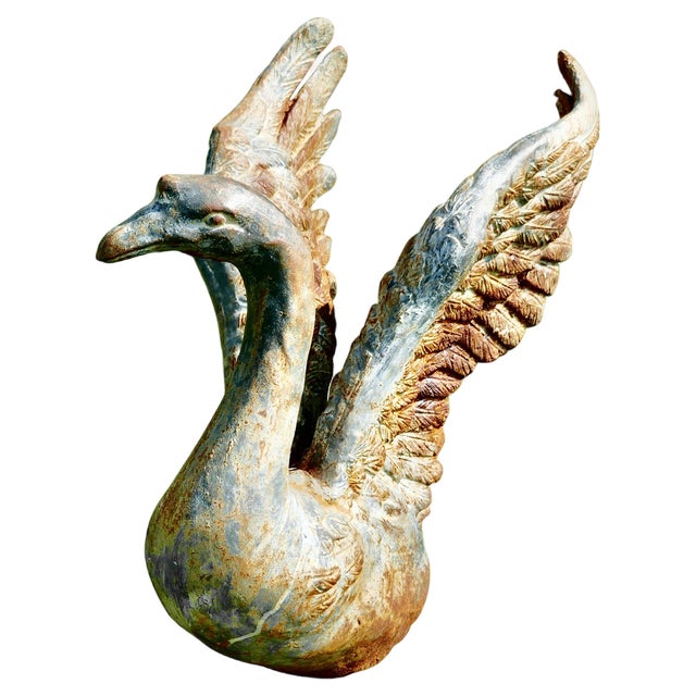Large Weathered Cast Iron Statue of Swan Landing, 1920s For Sale