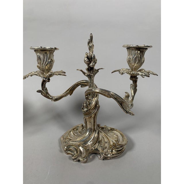 Pair of Rococo Style Silvered Bronze Candelabra, 19th Century, Louis XV Style For Sale - Image 10 of 11
