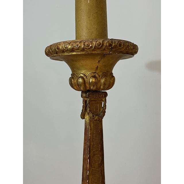 Wood 1900s Tall Gilded Carved Wood Candelabra on a Patinated Base For Sale - Image 7 of 12