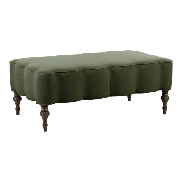 Mirasol Scalloped Ottoman, Moss Linen For Sale