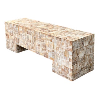 Vintage Geometric Patterned Wood Bench For Sale