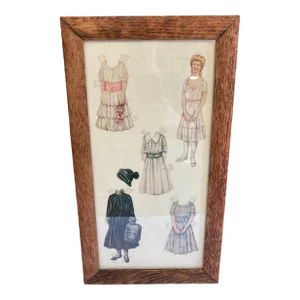 Vintage Paper Doll Clothing on Cloth Background, Framed