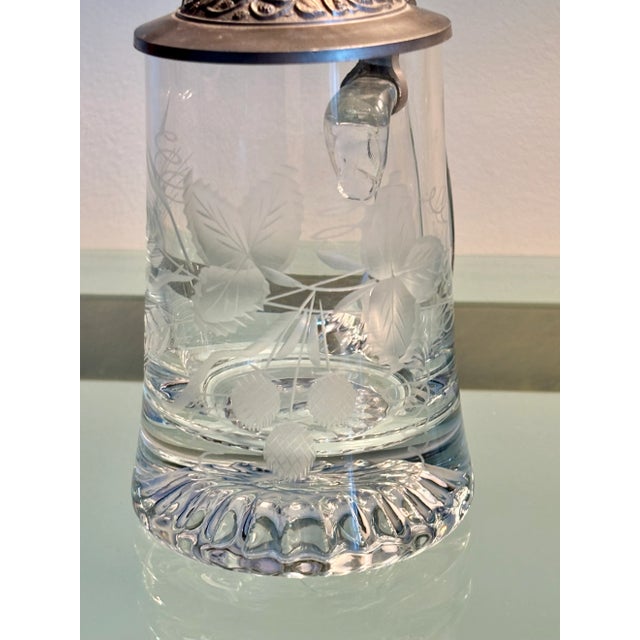 Vintage German Etched Glass Beer Tankard With Design Relief Metal Lid For Sale - Image 9 of 9