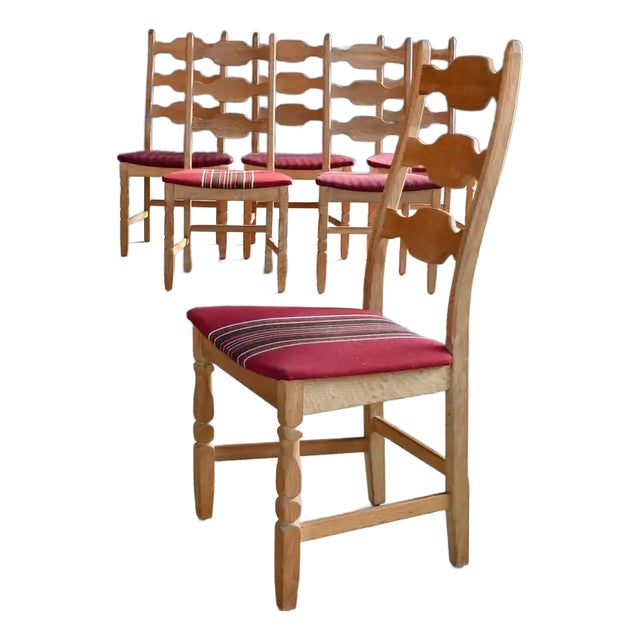 Brutalist Dining Chairs in Solid Carved Oak by Henning Kjærnulf 1960s, Set of 6 For Sale