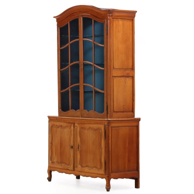 French Provincial Two-Part French Provincial Cherry Cabinet Having Painted Blue Display Hutch, 19th C. For Sale - Image 3 of 8
