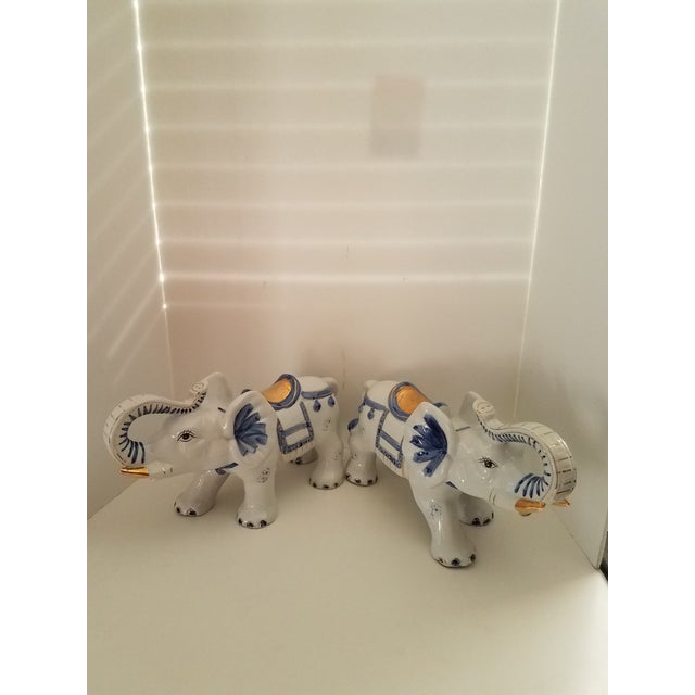 Blue Vintage 1970s Chinoiserie Large Glazed Ceramic Hand Painted Blue & White Elephants Figurines - a Pair For Sale - Image 8 of 8