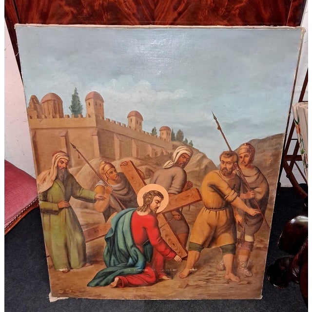 Stations of the Cross Jesus Falls Under the Cross (Third Station), 1800s, Oil Painting on Canvas For Sale - Image 4 of 6