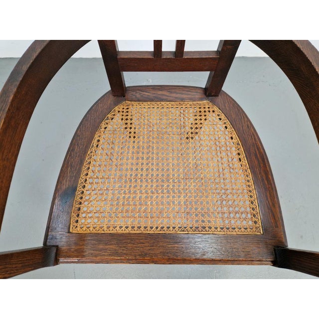 Art Nouveau Deco Armchair in Rattan Webbing, Oak and Copper, 1920s For Sale - Image 6 of 9